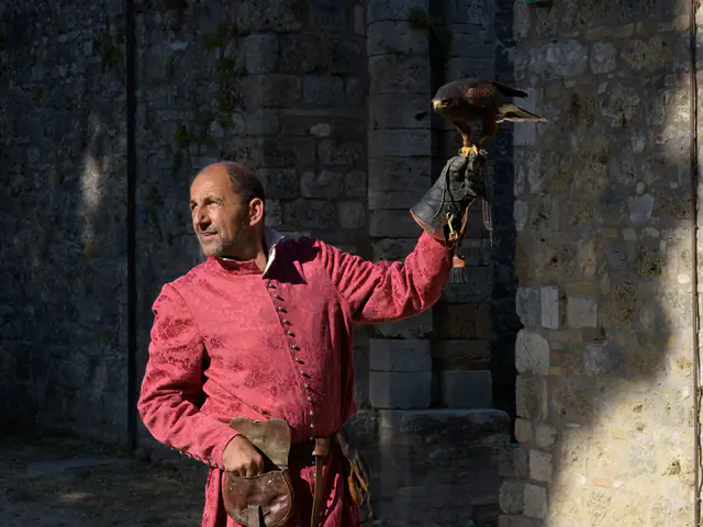 Un falconiere in abiti medievali con un rapace sul guanto