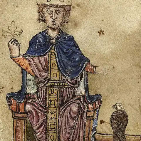 Federico II in trono con un falco, miniatura dal De arte venandi cum avibus