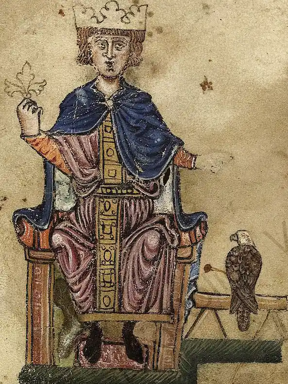 Federico II in trono con un falco, miniatura dal De arte venandi cum avibus